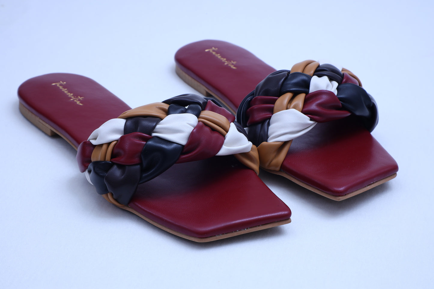 Multicolor woven slider flats in Maroon