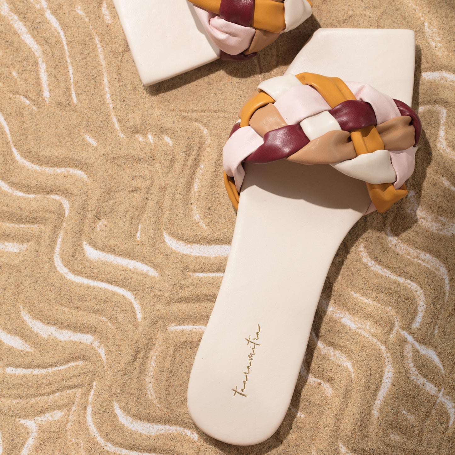 Multicolor woven slider flats in cream
