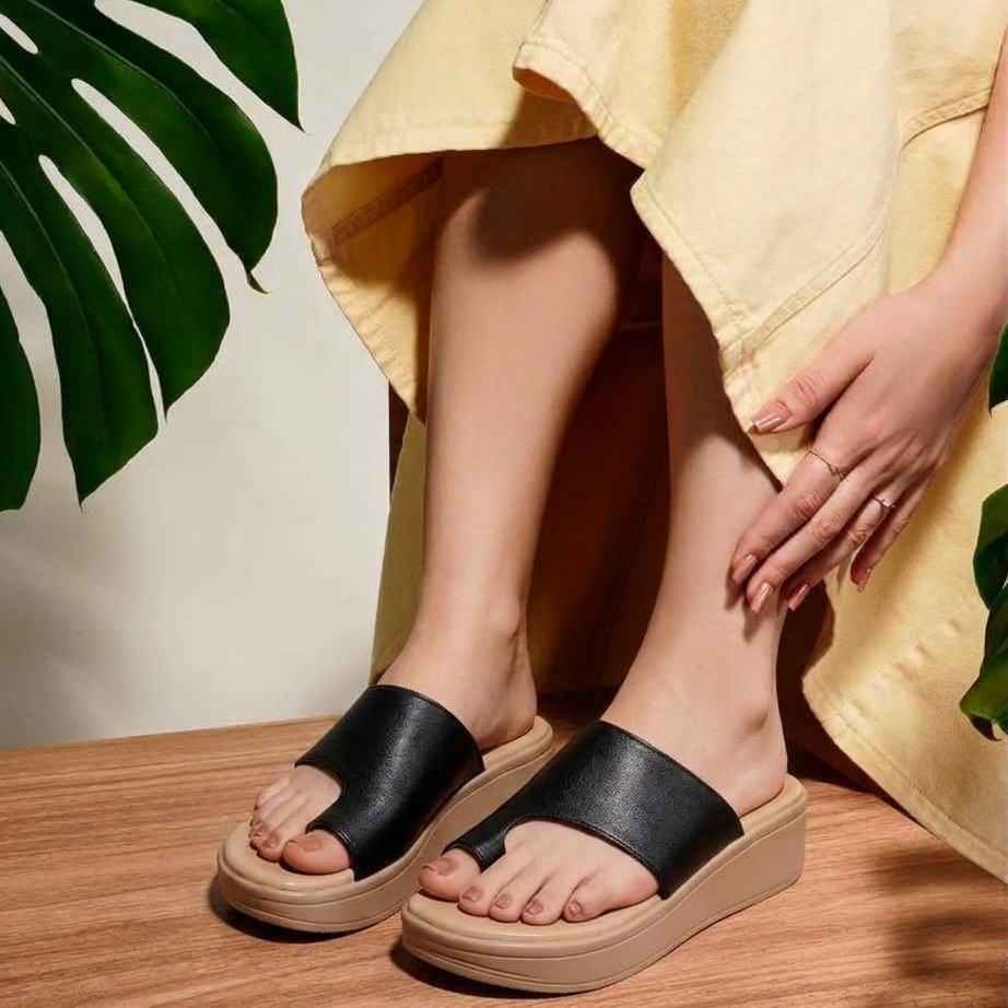 Dhrisya toe ring comfort wedges in black
